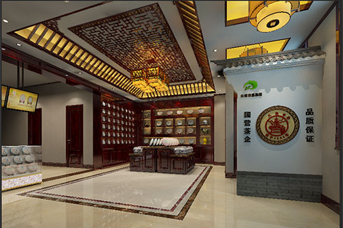 越西古朴典雅的中式茶叶店大堂设计效果图